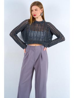 GAIIA - Black Wool Woven Full Sleeves Crop Sweater