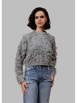 GAIIA - Grey Other Textured Full Sleeves Crop Sweater