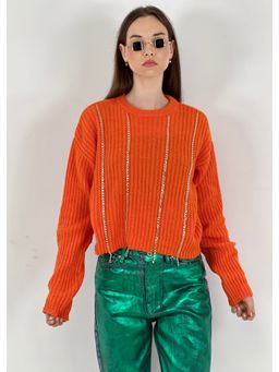 GAIIA - Orange Wool Woven Full Sleeves Crop Sweater