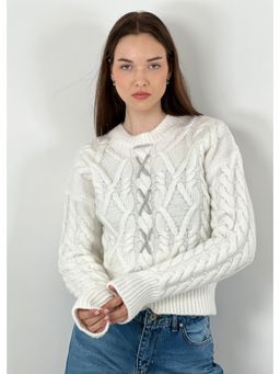 GAIIA - White Wool Woven Full Sleeves Regular Sweater