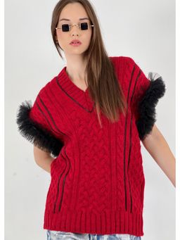 GAIIA - Red Wool Self Design Sleeveless Regular Sweater