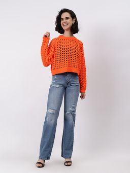 GAIIA - Orange Wool Self Design Full Sleeves Regular Sweater