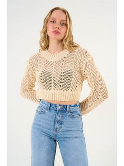 GAIIA - Beige Wool Woven Full Sleeves Crop Sweater