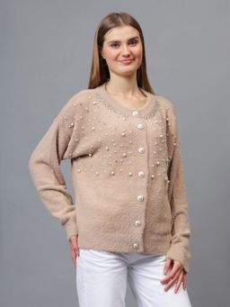 GAIIA - Beige Acrylic Textured Full Sleeves Regular Cardigan