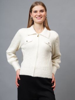 GAIIA - Off White Acrylic Textured Full Sleeves Regular Cardigan