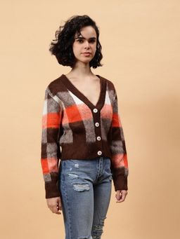 GAIIA - Brown Wool Colorblock Full Sleeves Crop Cardigan