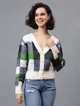 GAIIA - White Wool Colorblock Full Sleeves Crop Cardigan
