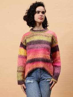 GAIIA - Pink Acrylic Colorblock Full Sleeves Regular Sweater
