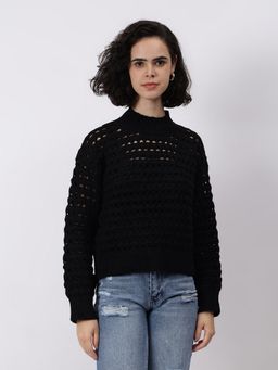 GAIIA - Black Other Woven Full Sleeves Regular Sweater
