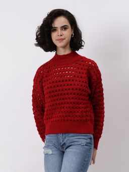 GAIIA - Red Other Woven Full Sleeves Regular Sweater