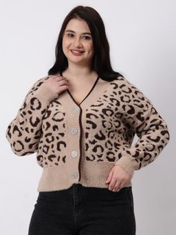 GAIIA - Brown Acrylic Printed Full Sleeves Regular Cardigan
