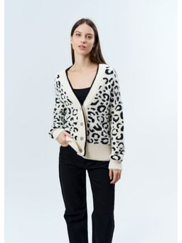 GAIIA - Off White Acrylic Printed Full Sleeves Regular Cardigan