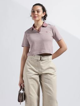 Calvin Klein - Mauve Striped Relaxed Fit Cotton Polo T-Shirt