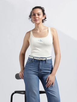 Calvin Klein - Cream Striped Slim Fit Cotton T-Shirt