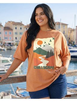 Bewakoof - Caramel Orange Chills cape Graphic Printed Oversized Plus Size T-Shirt