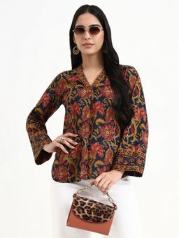 Yufta - Navy Blue Cotton Printed Regular Top