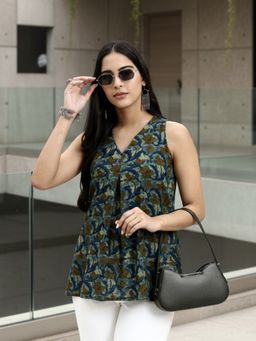 Yufta - Green Cotton Sleeveless V-Neck A-Line Top