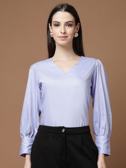 Style Quotient - Poly V-Neck Solid Blue Top