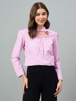 Style Quotient - Poly Tie-Up Neck Stripes Pink Top