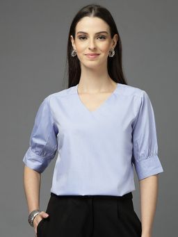Style Quotient - Poly V-Neck Solid Blue Top