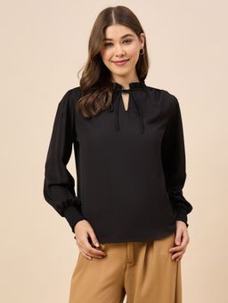 Style Quotient - Tie-Up Neck Solid Black Top