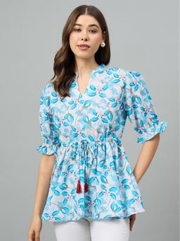 Style Quotient - Mandarin Collar Floral Blue Top