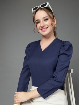 Style Quotient - V-Neck Solid Navy Blue Top
