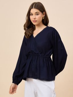 Style Quotient - Lace Work V-Neck Solid Blue Top