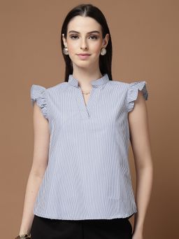 Style Quotient - Poly Mandarin Collar Stripes Grey Top