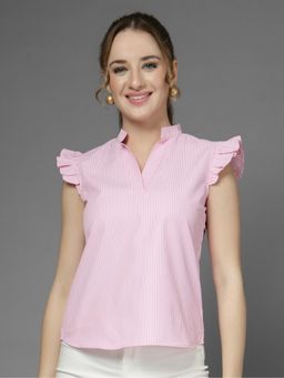 Style Quotient - Poly Mandarin Collar Stripes Pink Top