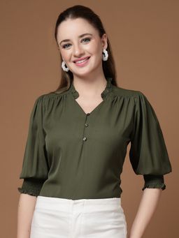 Style Quotient - V-Neck Solid Olive Top
