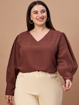 Style Quotient - V-Neck Self Design Brown Top