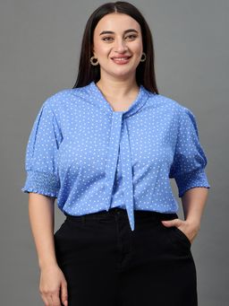 Style Quotient - Plus Tie-Up Neck Polka Dots Blue Top