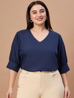 Style Quotient - Plus Poly V-Neck Solid Blue Top