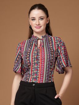 Style Quotient - Tie-Up Neck Printed Multi-Colour Top