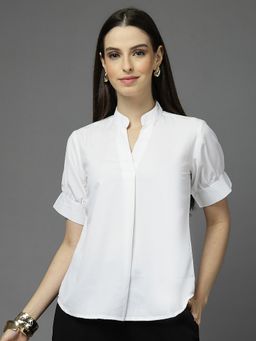 Style Quotient - Mandarin Collar Solid White Top