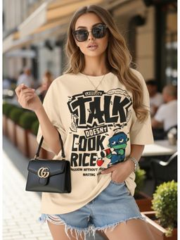 LEOTUDE - Cotton Blend Printed Oversized Crew Neck Beige T-Shirts