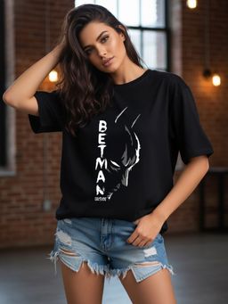 LEOTUDE - Cotton Blend Typography Printed Oversized Black T-Shirts