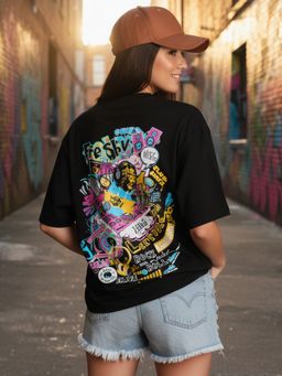 LEOTUDE - Cotton Blend Printed Oversized Crew Neck Black T-Shirts