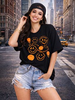 LEOTUDE - Cotton Blend Printed Oversized Crew Neck Black T-Shirts