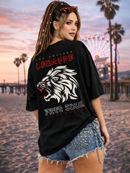 LEOTUDE - Cotton Blend Typography Printed Oversized Black T-Shirts