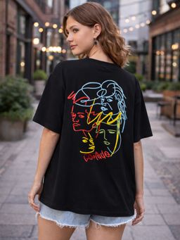 LEOTUDE - Cotton Blend Typography Printed Oversized Black T-Shirts