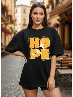 LEOTUDE - Women's Cotton Blend Typography Printed Oversized Black T-Shirts