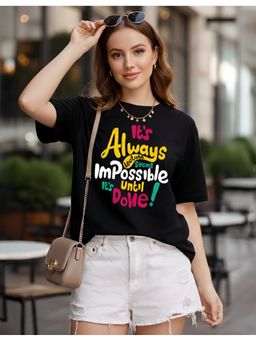 LEOTUDE - Cotton Blend Typography Oversized Crew Neck Black T-Shirts