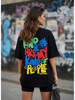 LEOTUDE - Cotton Blend Typography Oversized Crew Neck Black T-Shirts