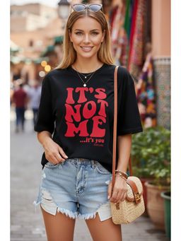 LEOTUDE - Cotton Blend Typography Oversized Crew Neck Black T-Shirts