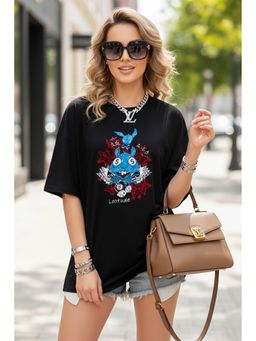 LEOTUDE - Women's Cotton Blend Typography Oversized Crew Neck Black T-Shirts