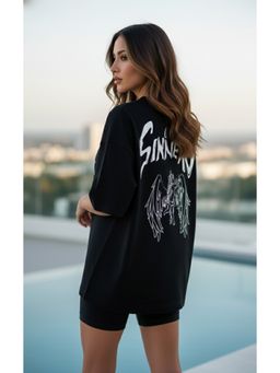 LEOTUDE - Cotton Blend Typography Printed Oversized Crew Neck Black T-Shirts