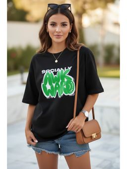 LEOTUDE - Cotton Blend Typography Printed Oversized Crew Neck Black T-Shirts