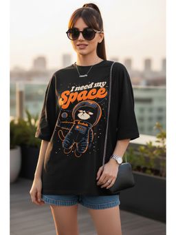 LEOTUDE - Cotton Blend Typography Printed Oversized Crew Neck Black T-Shirts